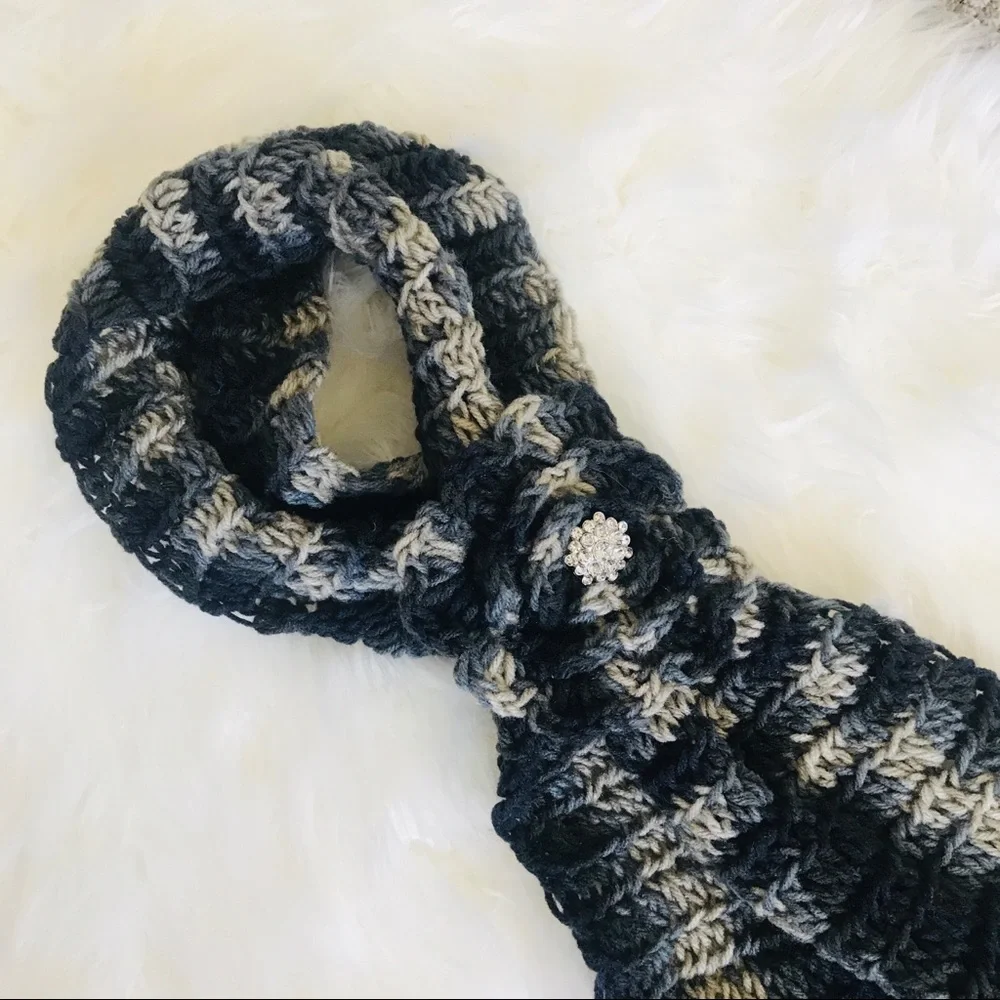 Hand Knit Blue Gray Cream Chunky Scarf Fringe Flower Detail